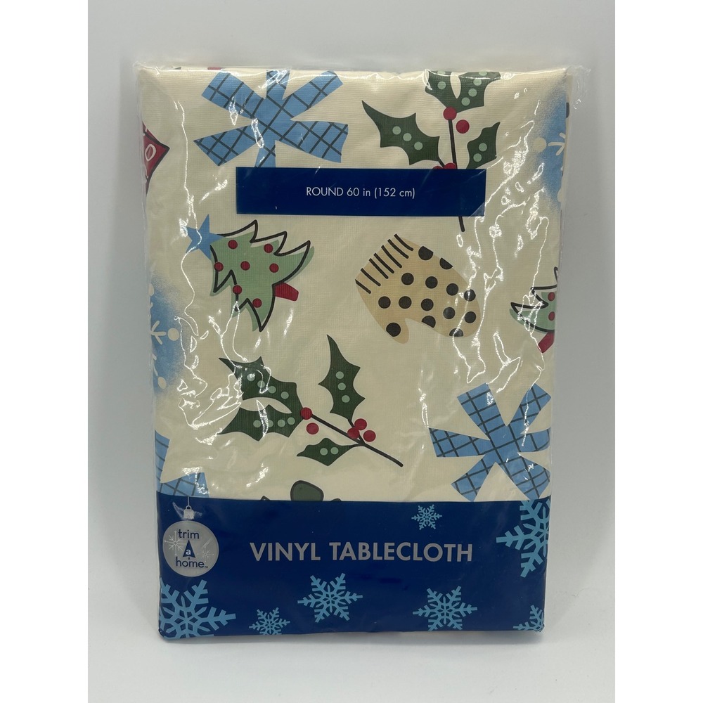 VTG Kmart Country‎ Holiday Christmas Vinyl Tablecloth Round 60" NIP Holly Trees